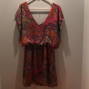 Lucy Love size Large pattered dress with navy lining, length from waist 18”
